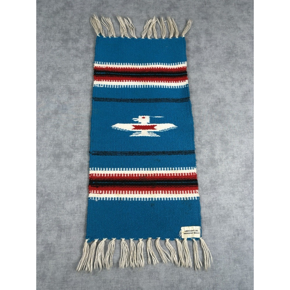 Americraft Inc Mexican Thunderbird Wall Hanging Rug Blue Acrylic 10x21 Fringe